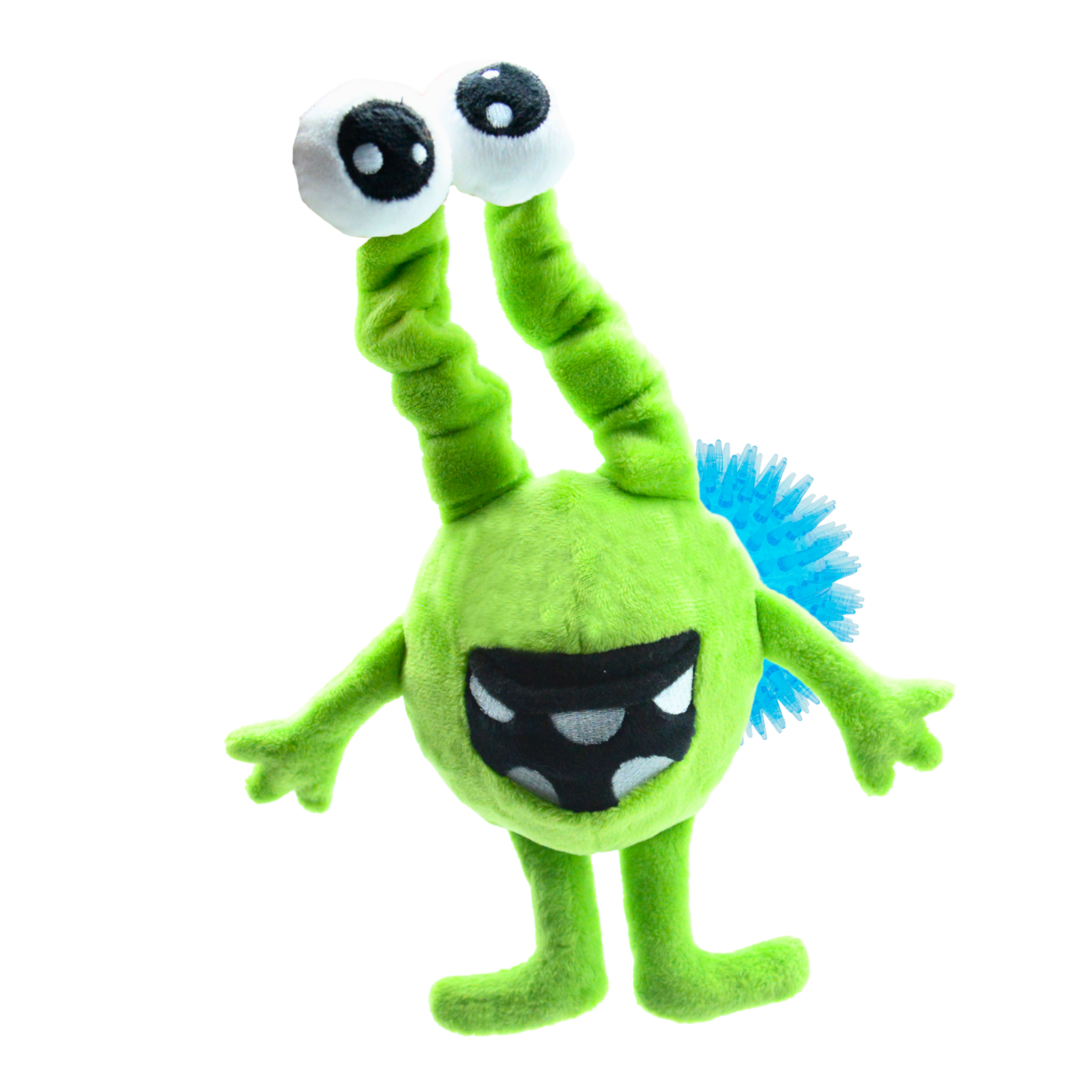 Green alien dog toy with big eyes and blue spiky ball