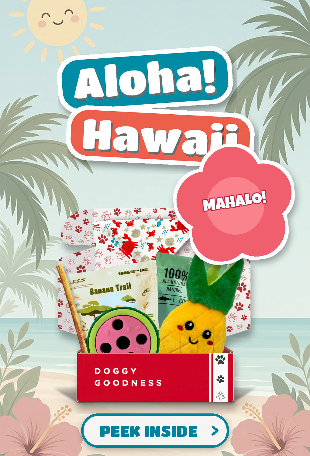 Aloha Hawaii themed WoofCrate dog box with toys and treats, Peek Inside