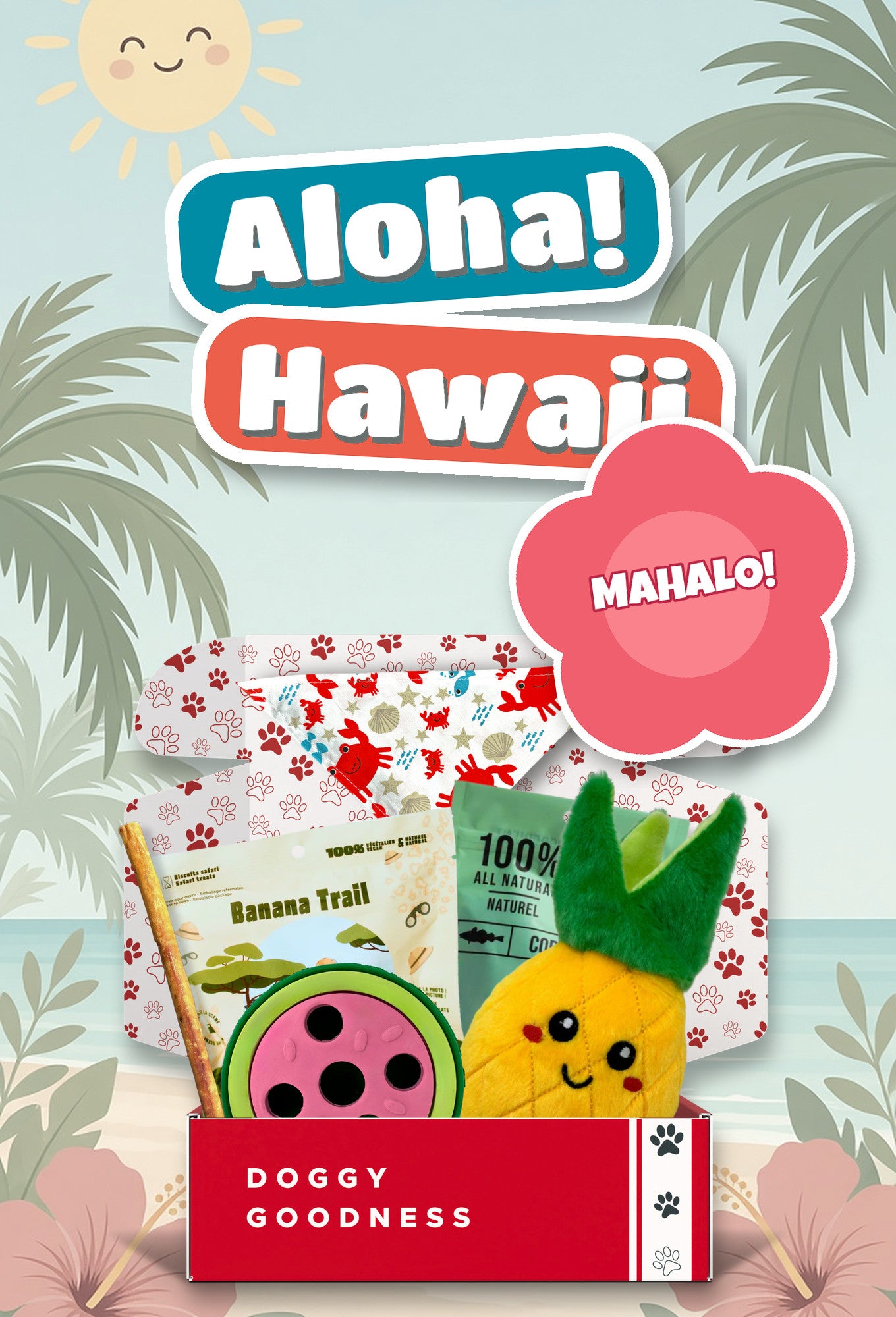 Aloha Hawaii themed WoofCrate dog box with toys and treats