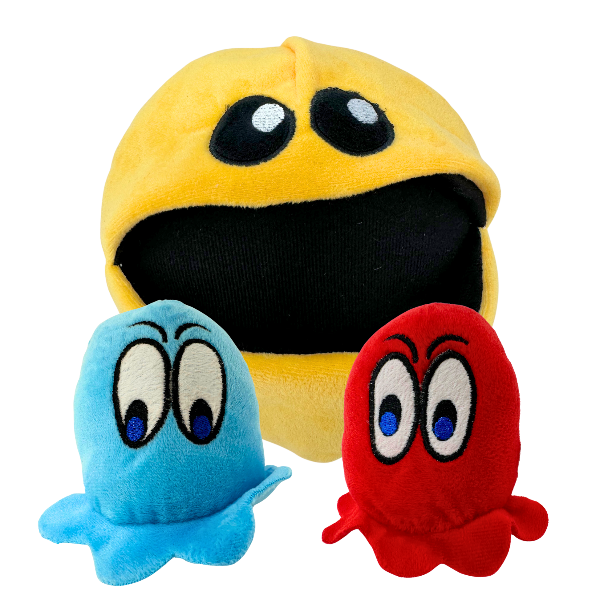 Plush dog toy trio featuring a yellow chomping character with blue and red ghost figures