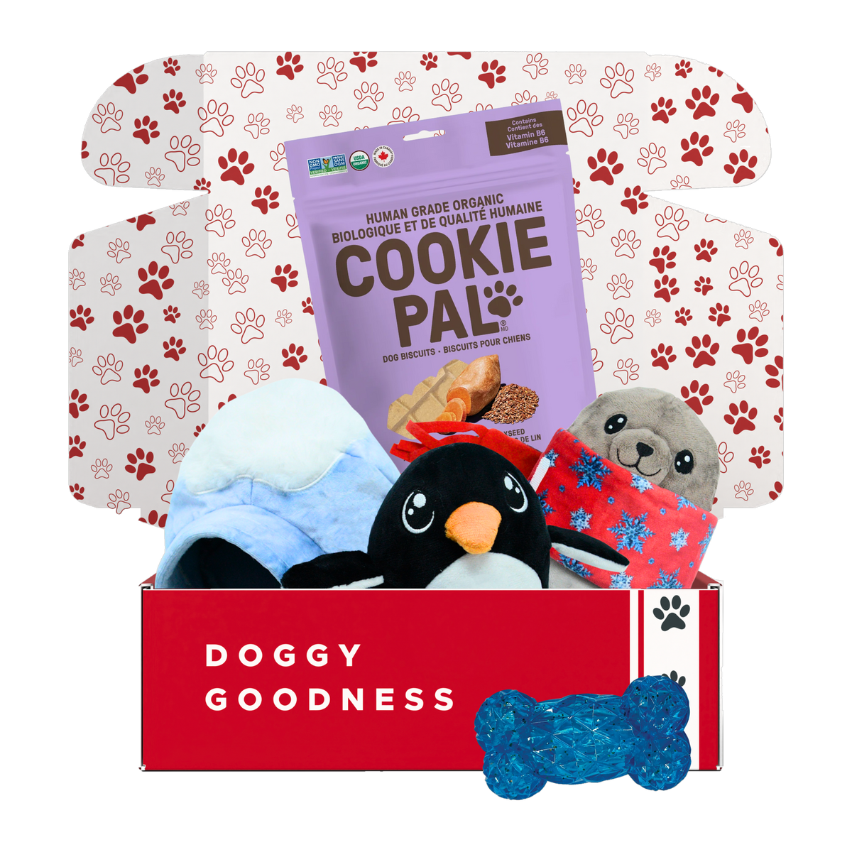 Arctic Adventure winter dog box with penguin igloo and seal plush toys, CookiePal Sweet Potato & Flaxseed biscuits and a blue Crystal Bone