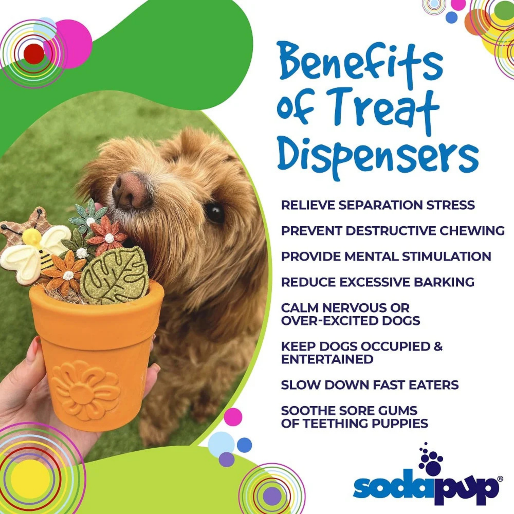 Educational graphic listing benefits of treat dispensers: relieves stress, reduces barking, slows down fast eaters, and provides mental stimulation.