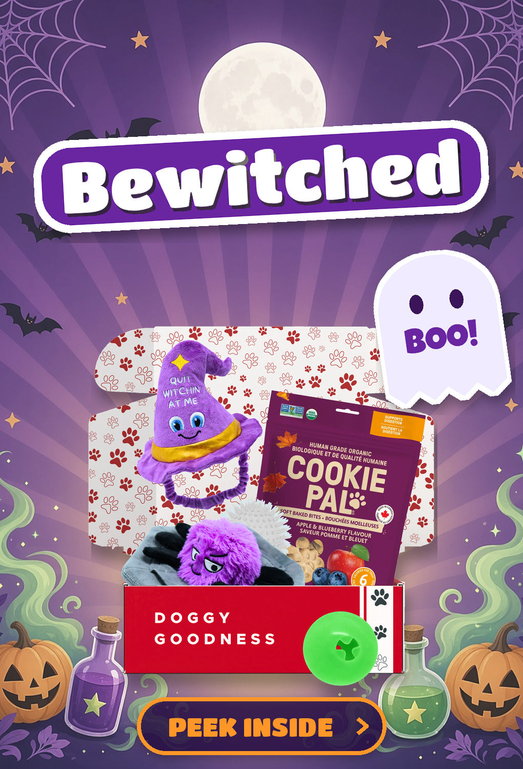 WoofCrate Bewitched Halloween themed dog box - Peek Inside