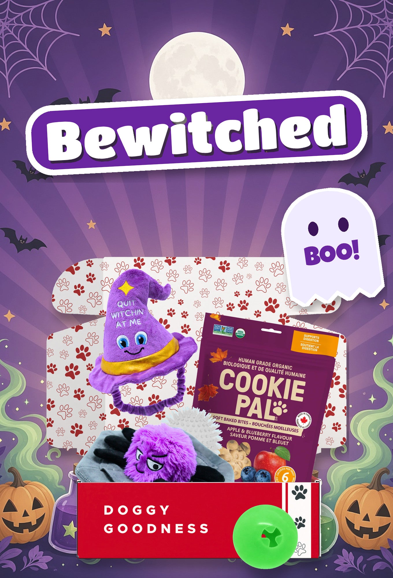 Bewitched Halloween themed WoofCrate dog box with toys and treats