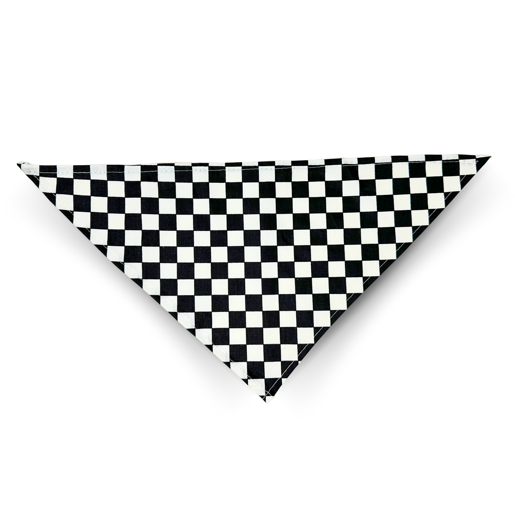Triangular dog bandana with bold black and white checkered pattern
