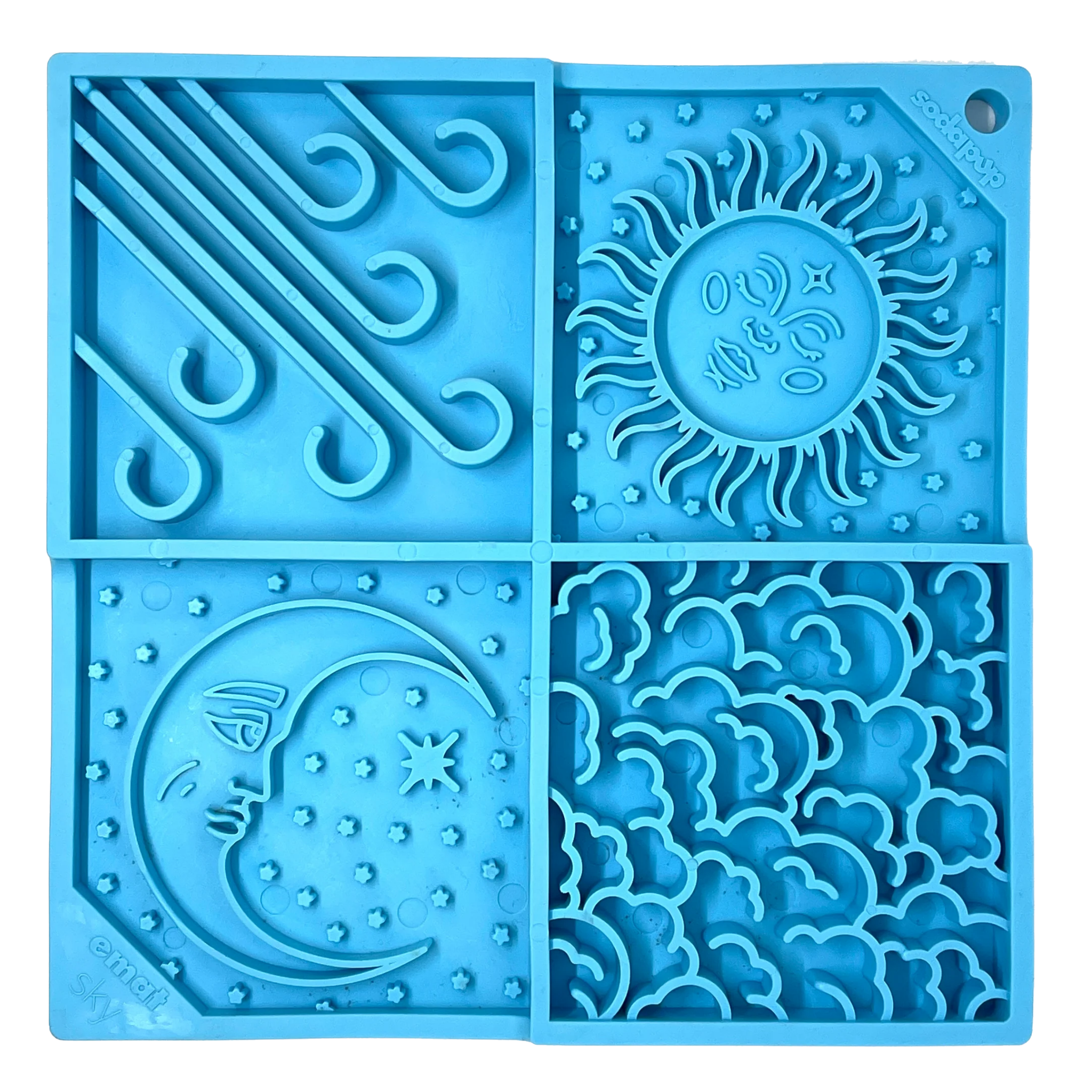 Blue silicone dog and cat lick mat with celestial designs of the sun, clouds, wind and moon.