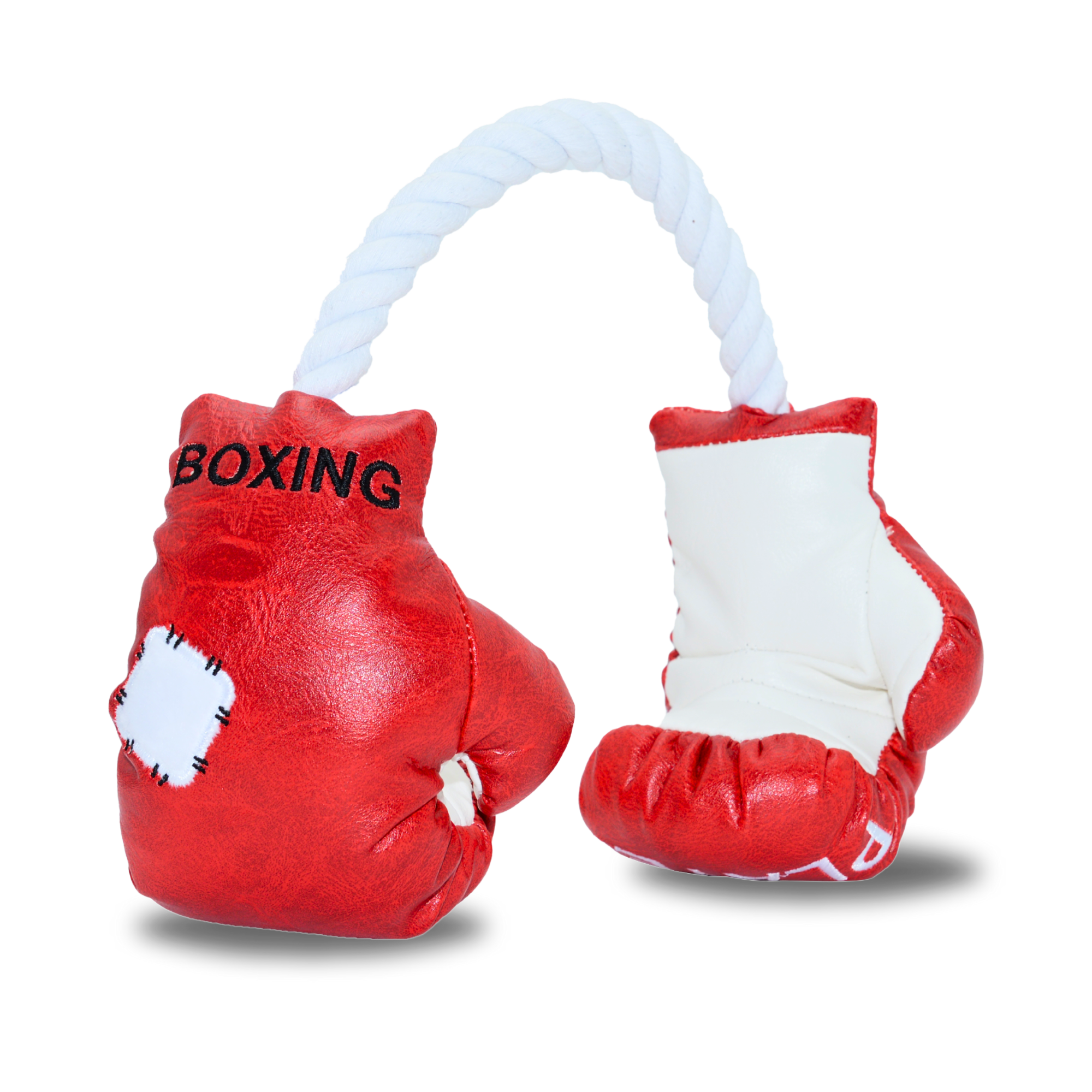 Red and white dog toy shaped like boxing gloves with 'BOXING' text, joined by a rope