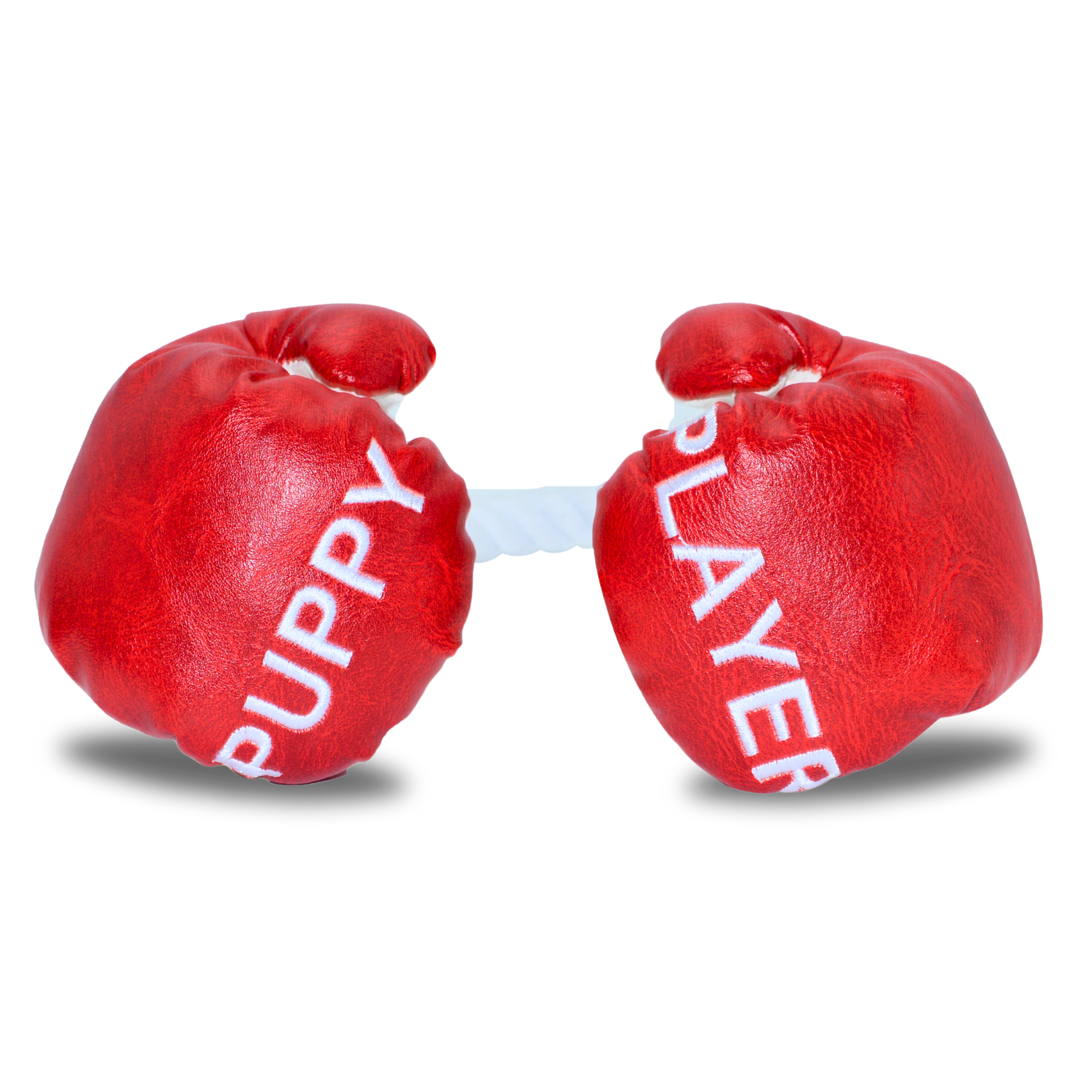 Red dog toy shaped like boxing gloves with 'PUPPY' and 'PLAYER' printed on them, connected by rope