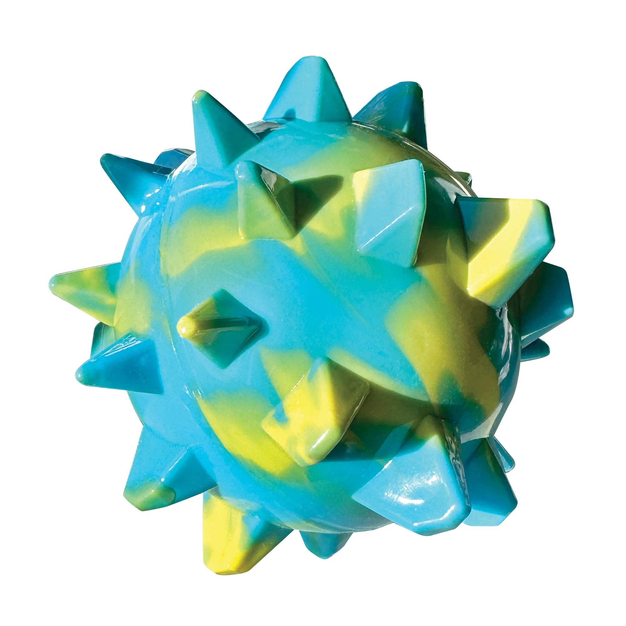 Blue and green spiked ball toy on a white background