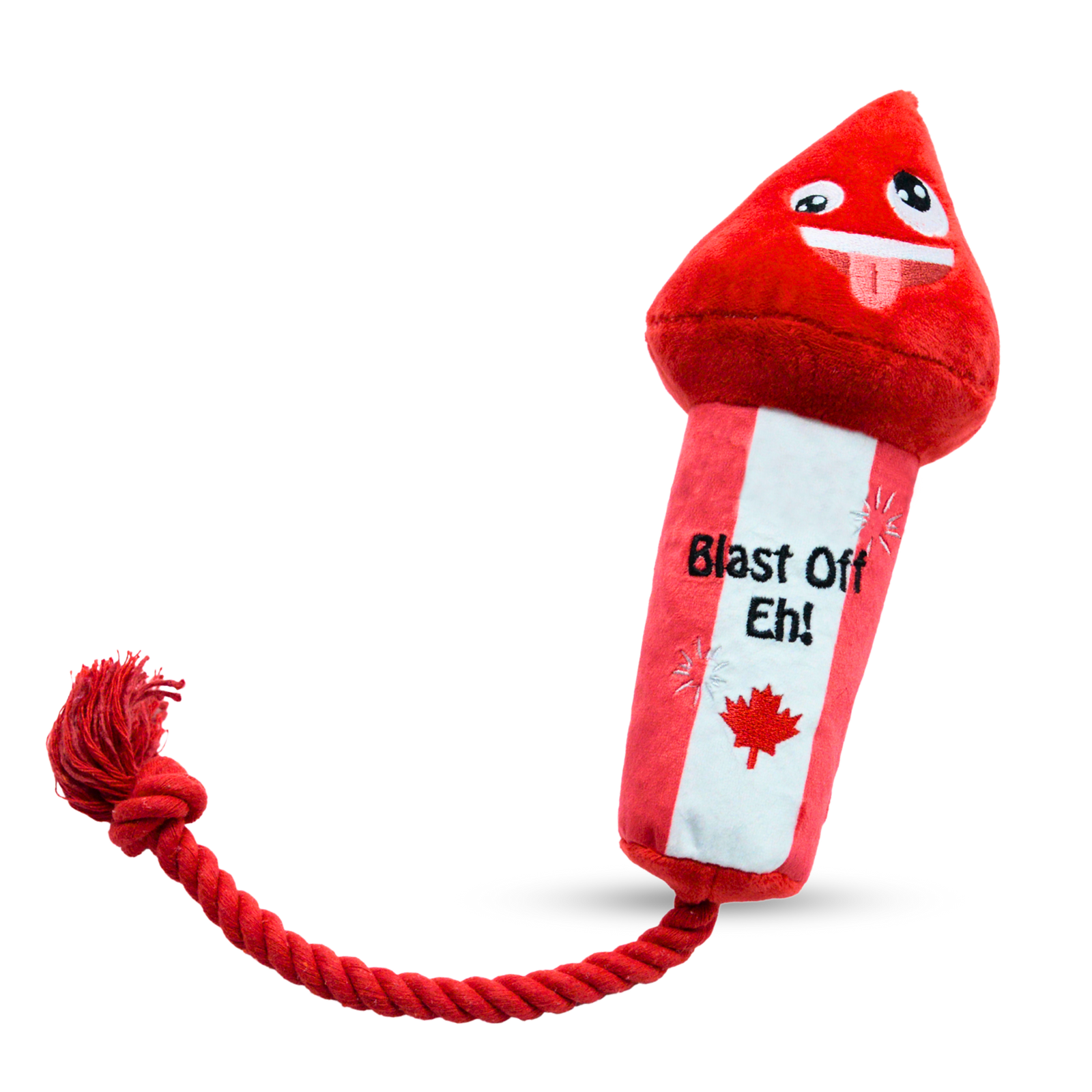 Red rocket-shaped plush dog toy with playful face, maple leaf detail, and rope tail, embroidered with “Blast Off Eh!”