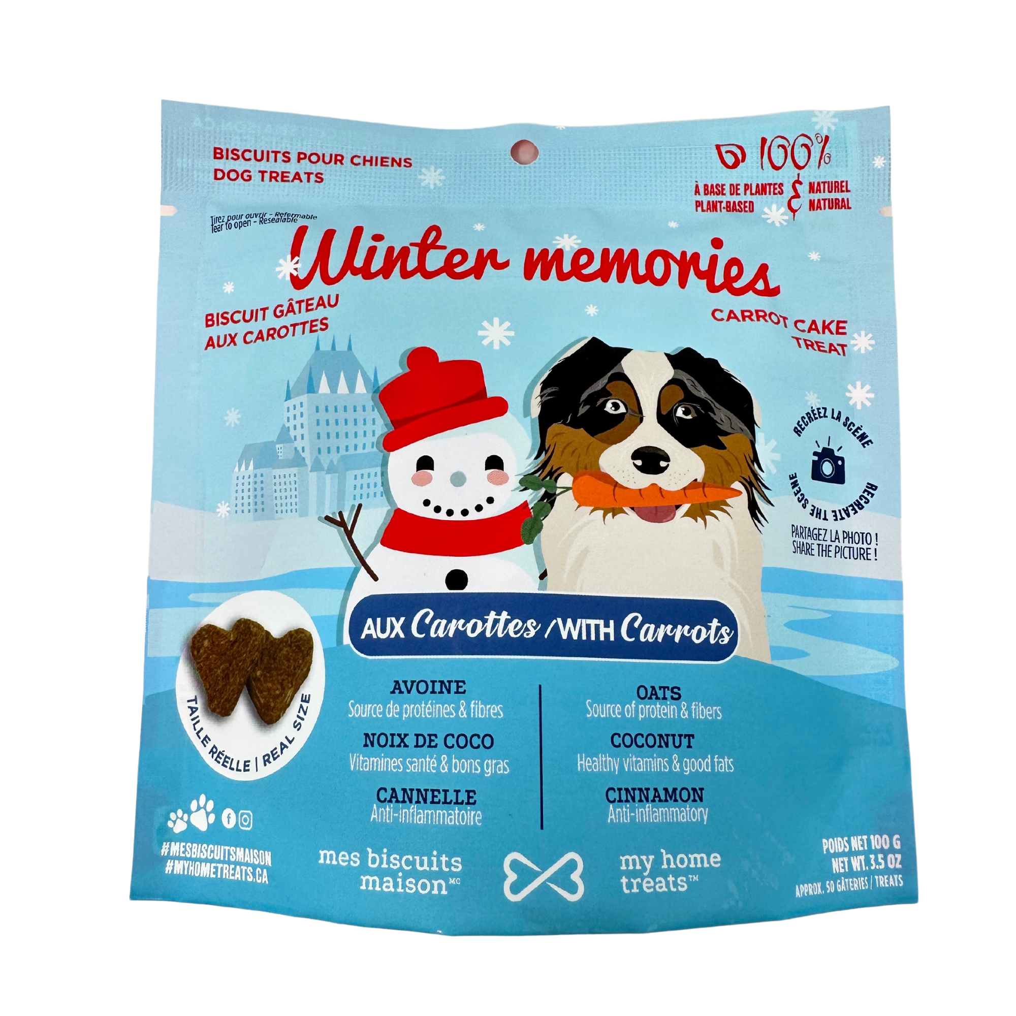 Dog treat packaging featuring a snowman and a dog, labeled Winter Memories carrot cake treat