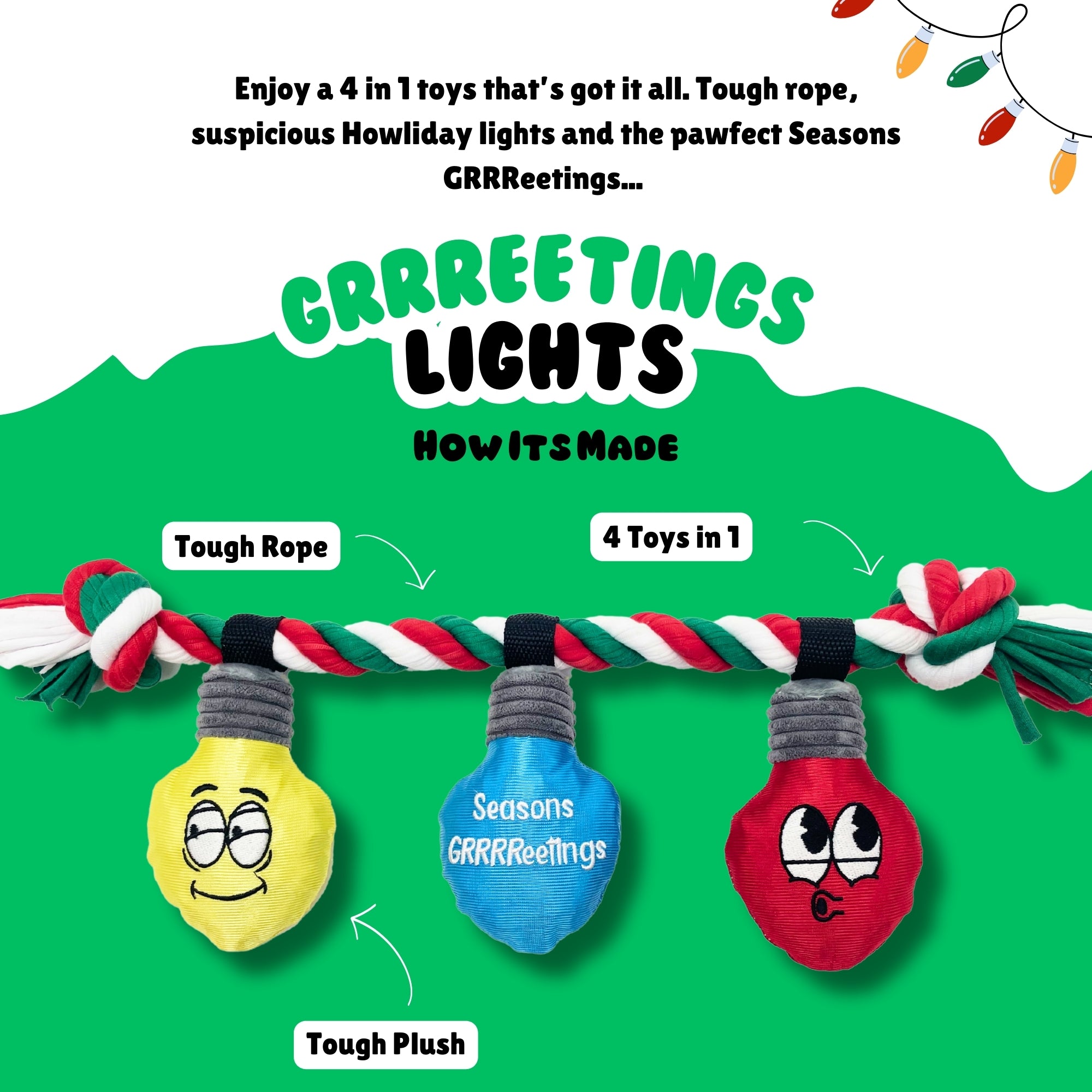 Colorful ad showing holiday rope dog toy with three expressive plush light bulbs and product feature labels