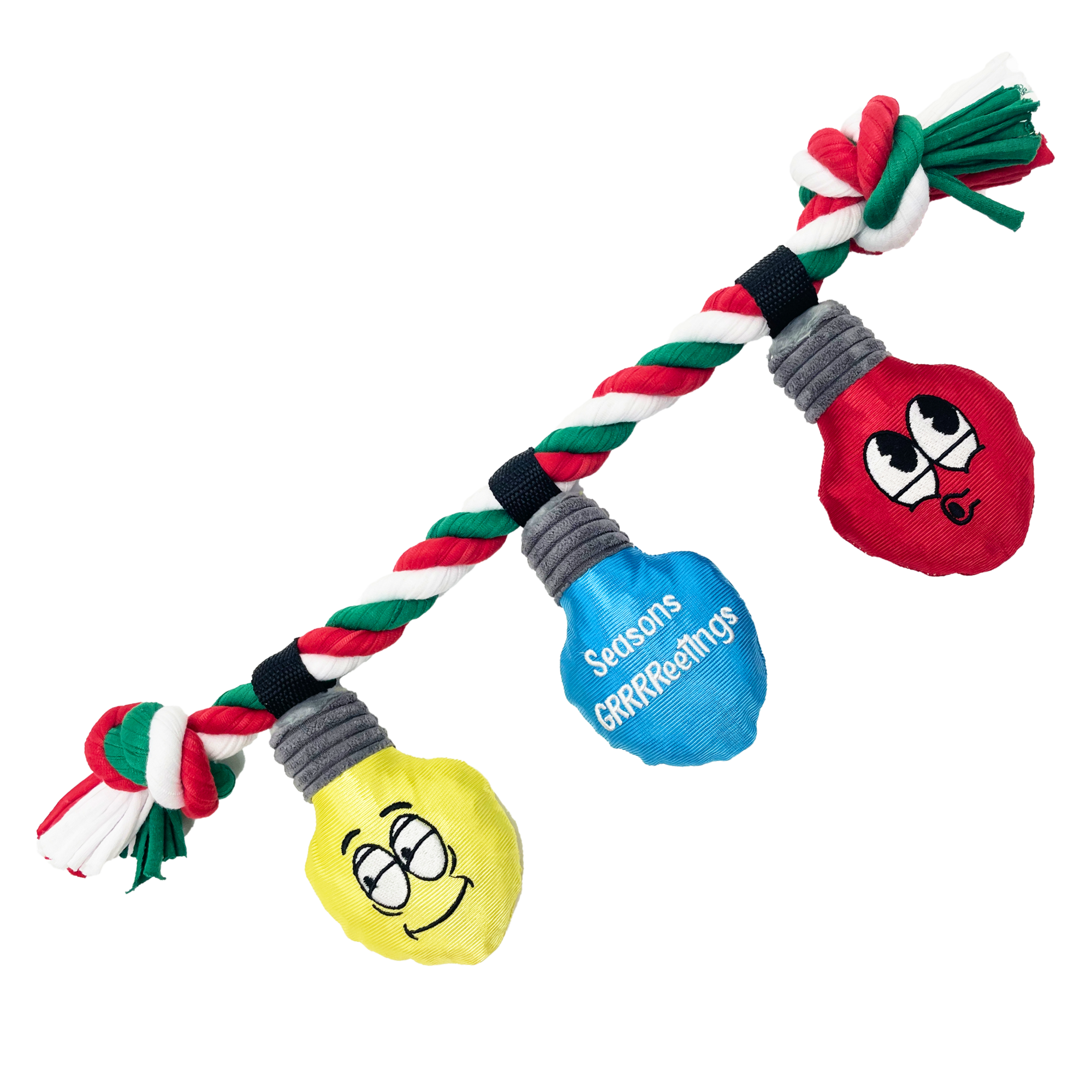 Dog toy with holiday rope and three plush light bulbs, one reading 'Seasons GRRRReetings'