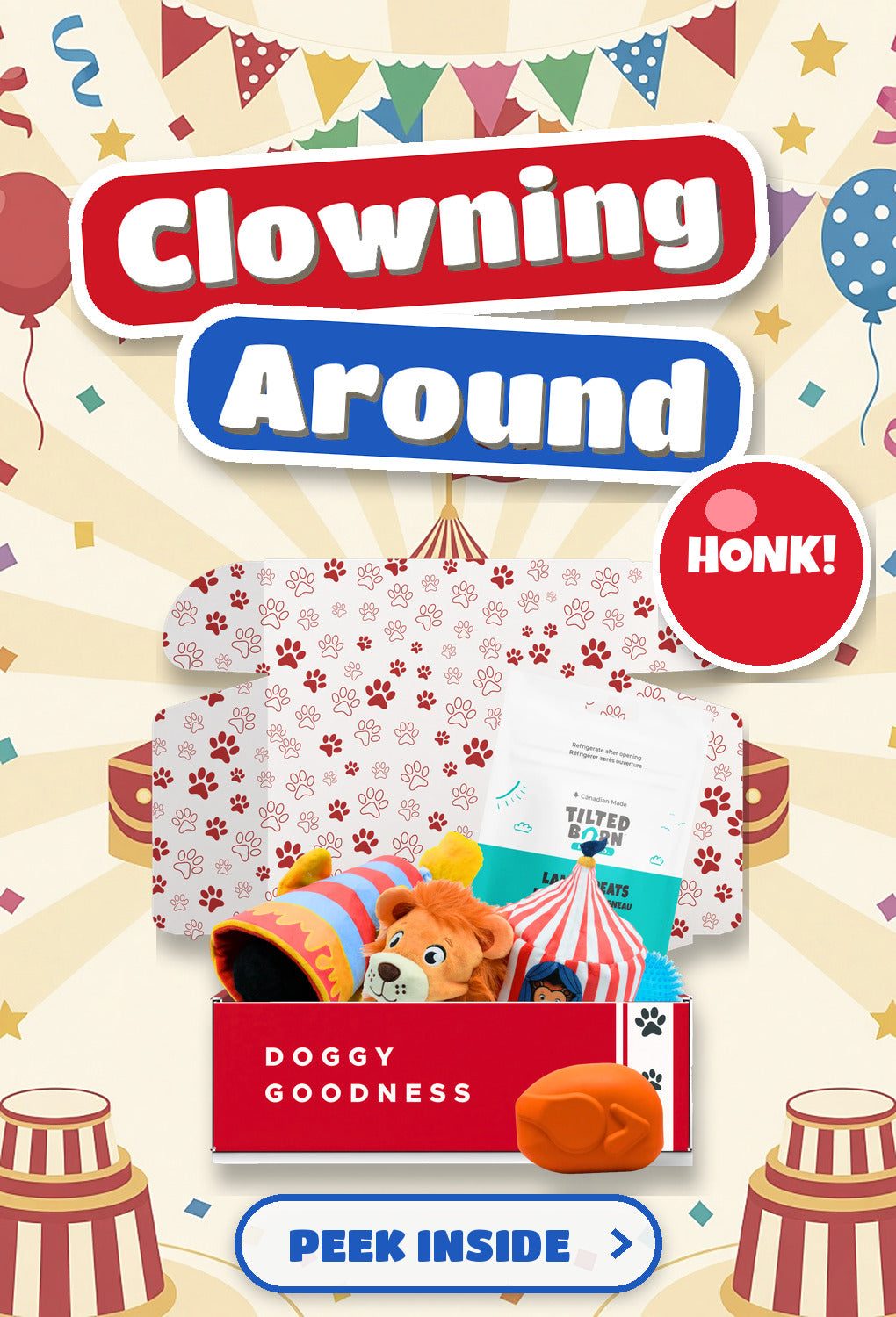 WoofCrate Clowning Around circus themed dog box - Peek Inside