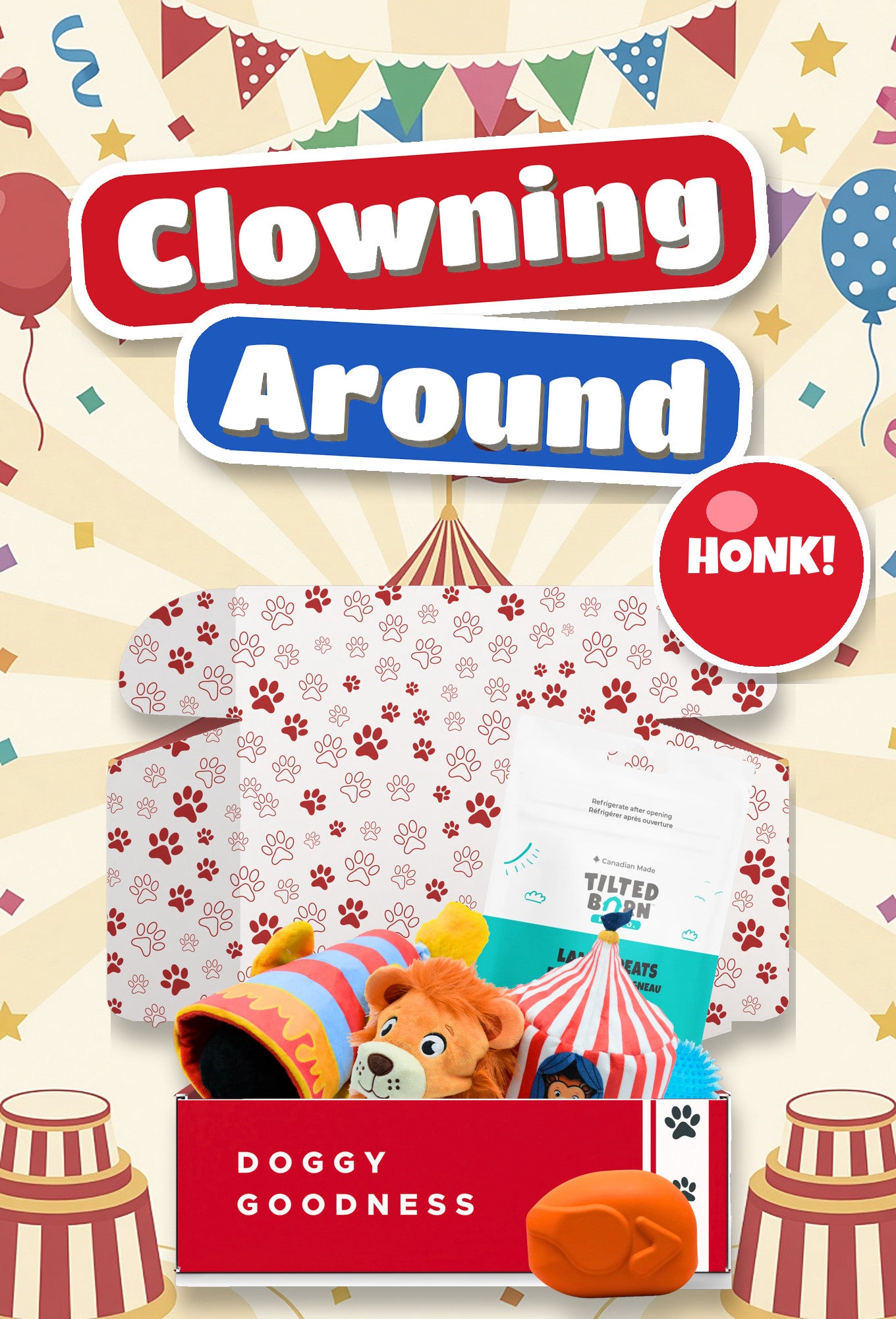 Clowning Around circus themed WoofCrate dog box with toys and treats