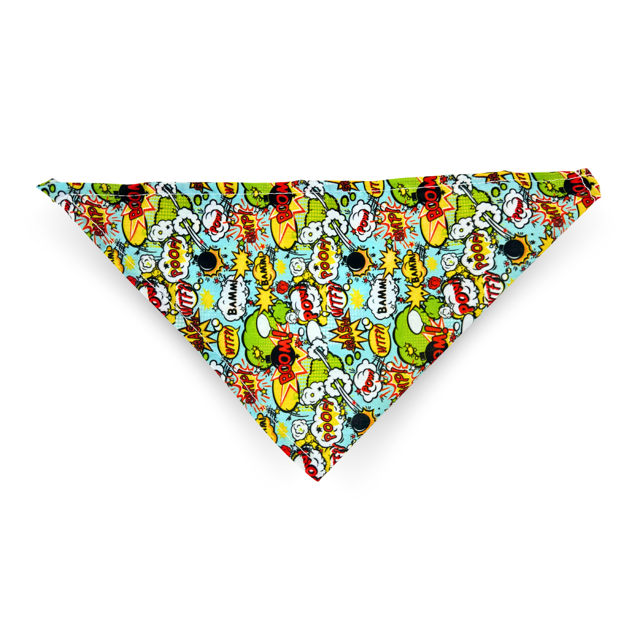 Bright, comic-style dog bandana with playful "POW!" and explosion patterns in red, yellow, and green hues