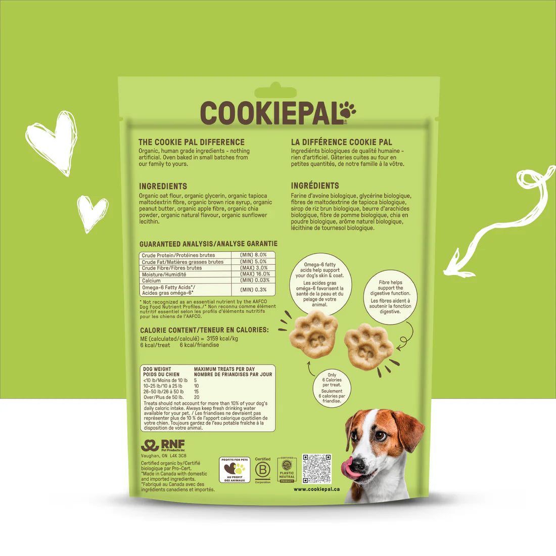 Back view of CookiePal dog treats bag, showing nutritional analysis, ingredients, and a friendly dog graphic