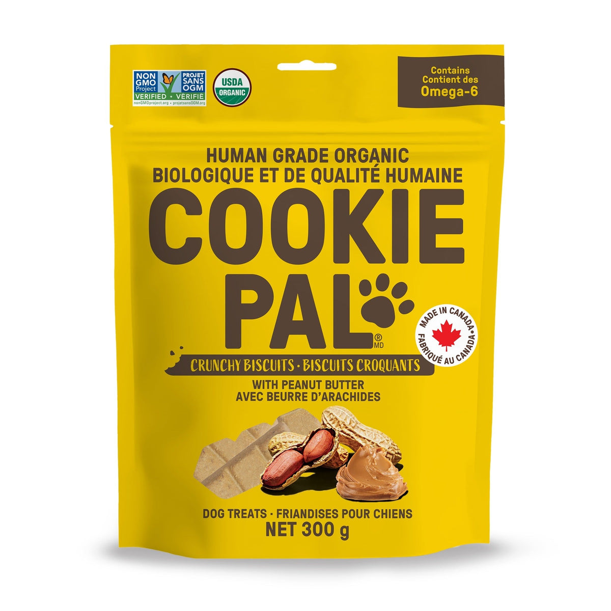 CookiePal organic Peanut Butter crunchy dog biscuits 300 g bag on a white background