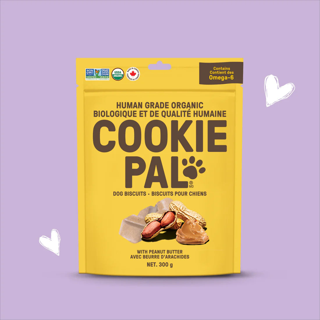 Front view of CookiePal dog treat bag, showcasing peanut butter flavor with omega-6, organic ingredients in 300g packaging