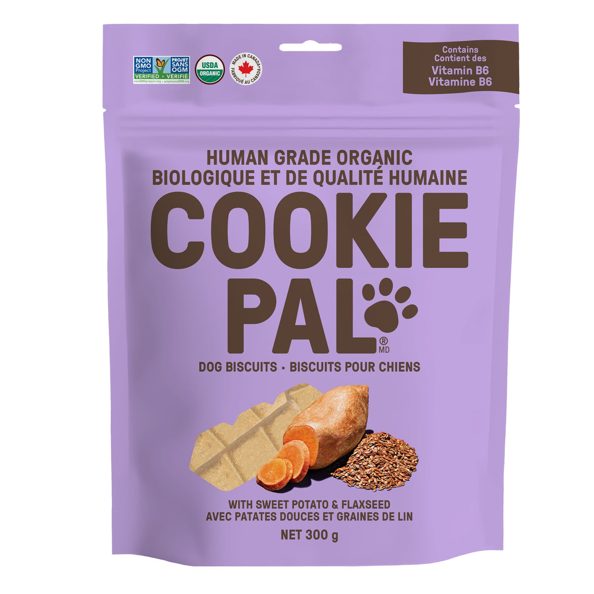 CookiePal organic Sweet Potato & Flaxseed dog biscuits 300 g bag on a white background