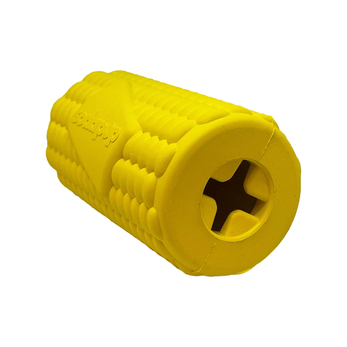 Yellow SodaPup Corn on the Cob rubber treat dispenser, angled view showing the X-shaped treat opening, on a white background