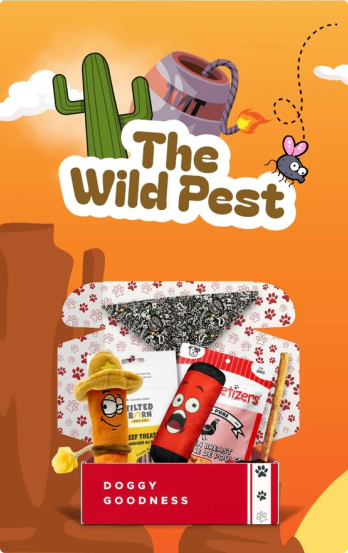 WoofCrate Wild Pest dog subscription box, featuring Wild West-themed toys, treats, and a paisley dog bandana