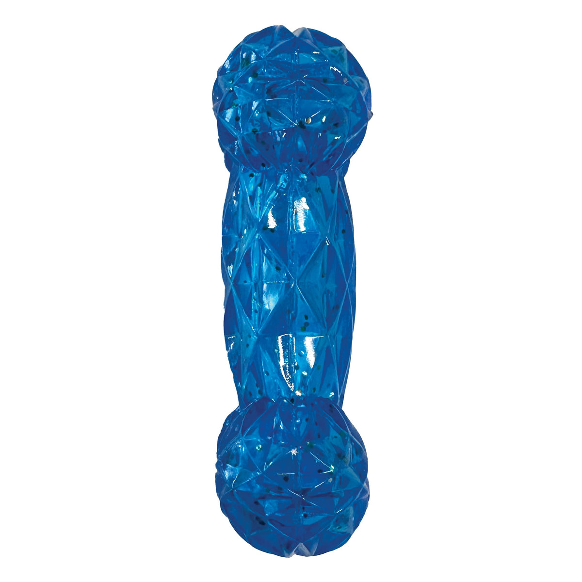 Side view of the blue Crystal Bone dog toy