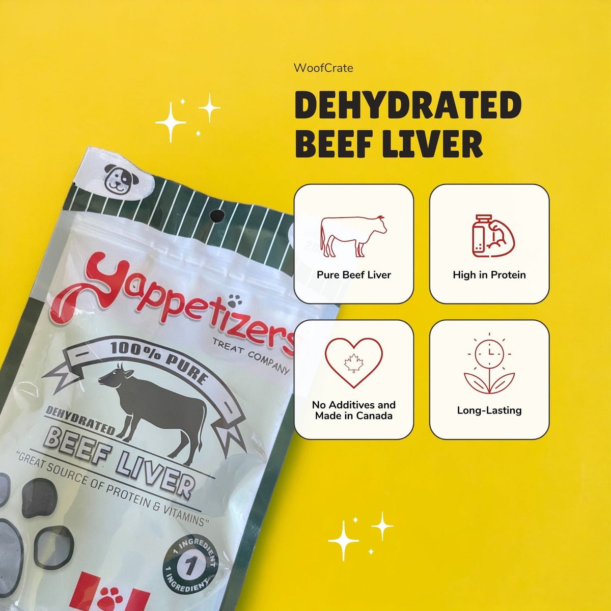 Benefits of dehydrated beef liver treats for dogs side by side with a bag of beef liver dog treats. The benefits include being high in protein, having no additives, being made in Canada, and are long lasting.