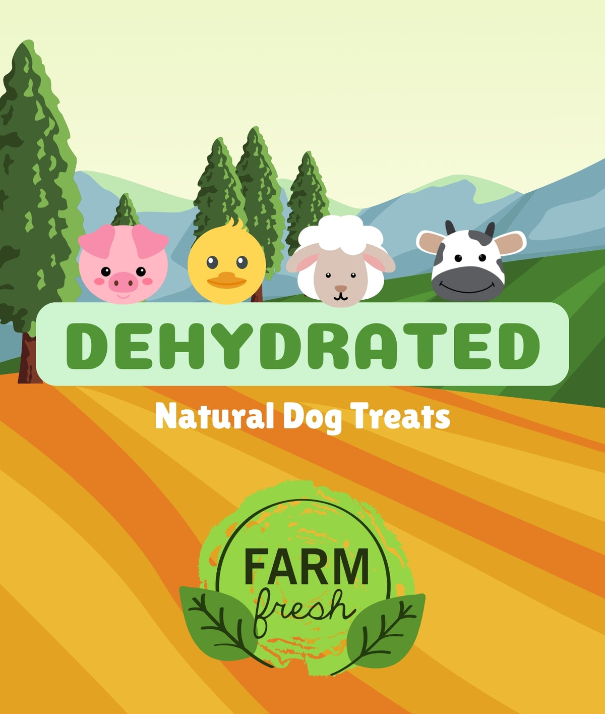 Cartoon farm animals on a field with ‘Dehydrated Natural Dog Treats’ and ‘Farm Fresh’ labels
