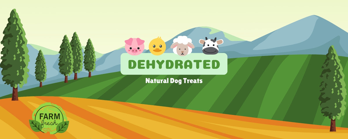 Cartoon farm animals on a field with ‘Dehydrated Natural Dog Treats’ and ‘Farm Fresh’ labels