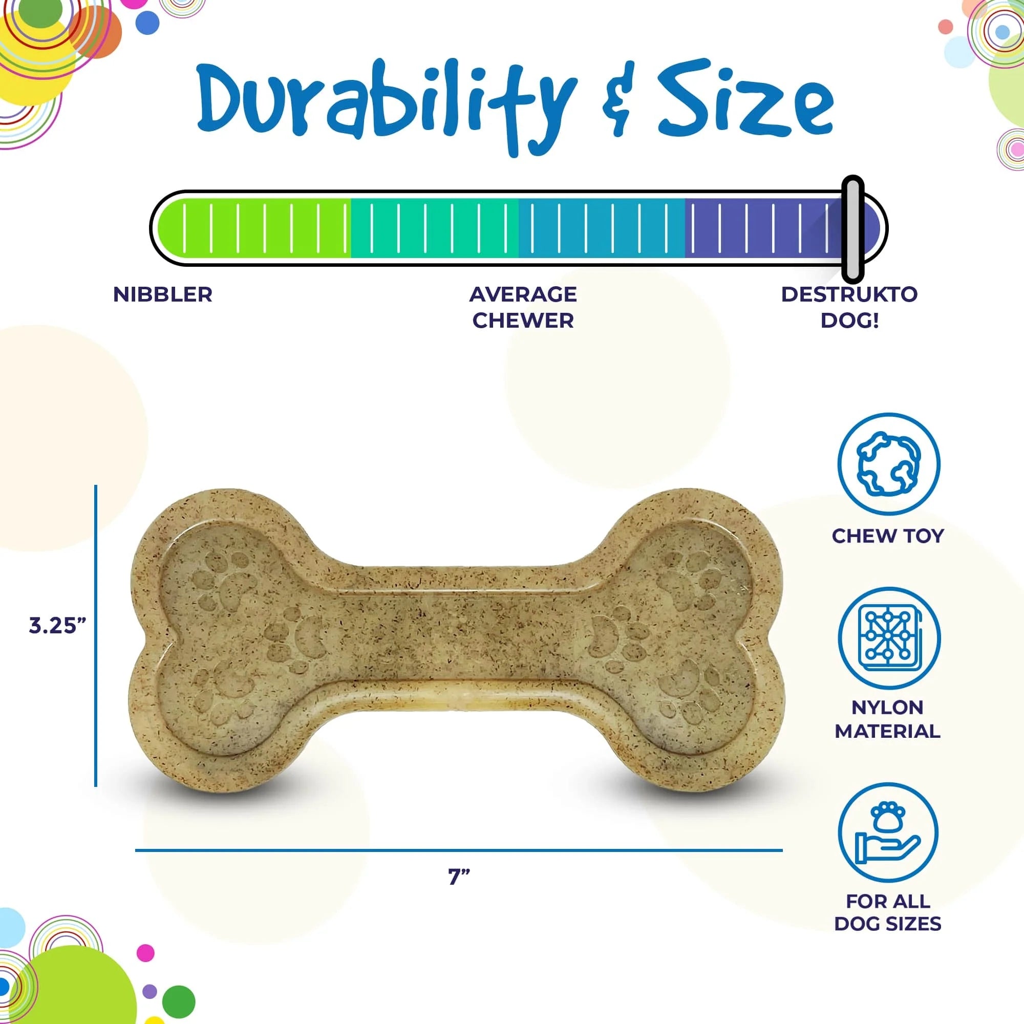 Bone-shaped nylon dog chew toy, 7x3.25 inches, for all dog sizes, rated for extreme chewers