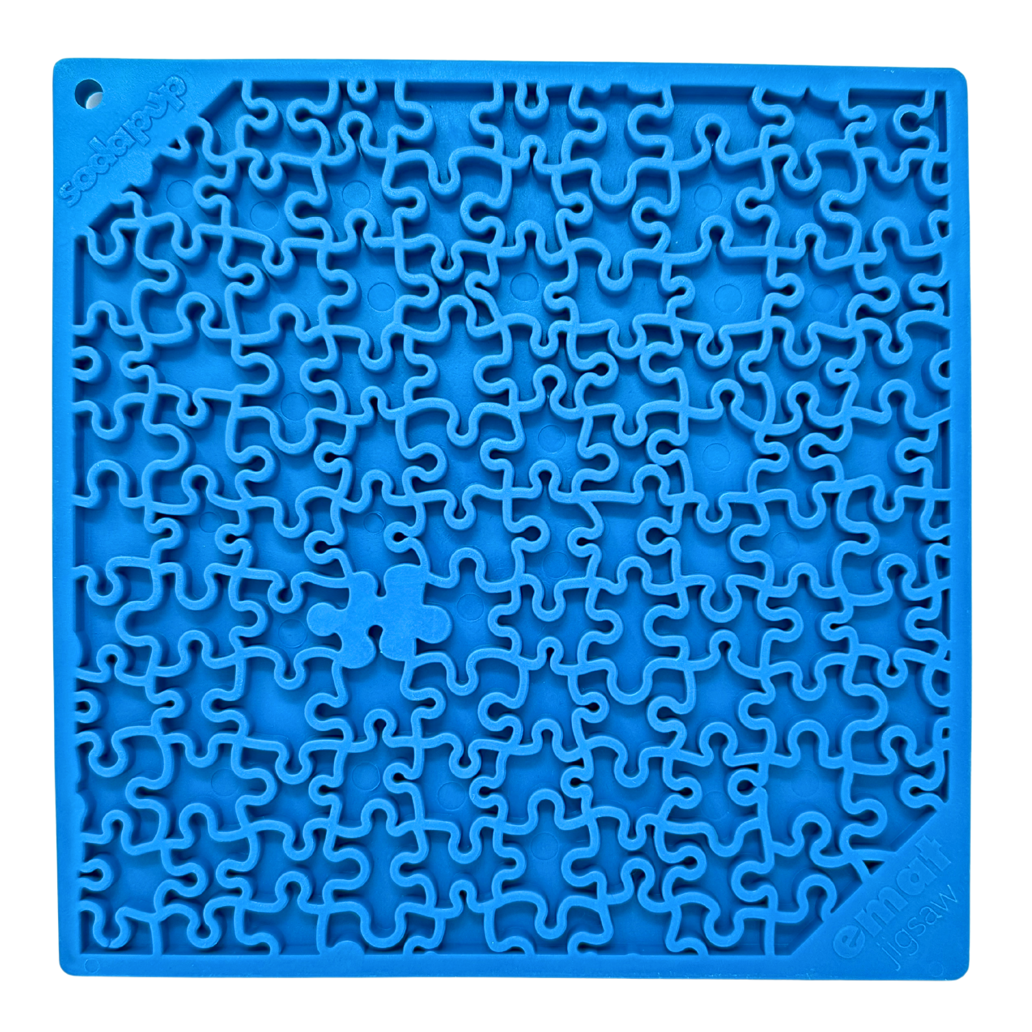 Blue lick mat with raised jigsaw puzzle piece pattern and the word 'jigsaw' embossed in the corner