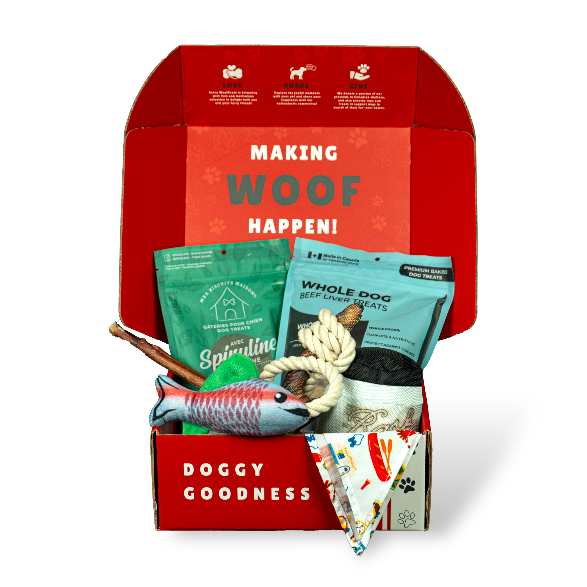Open WoofCrate box with treats, toys, and bandana, showing 'MAKING WOOF HAPPEN!' on the inside lid