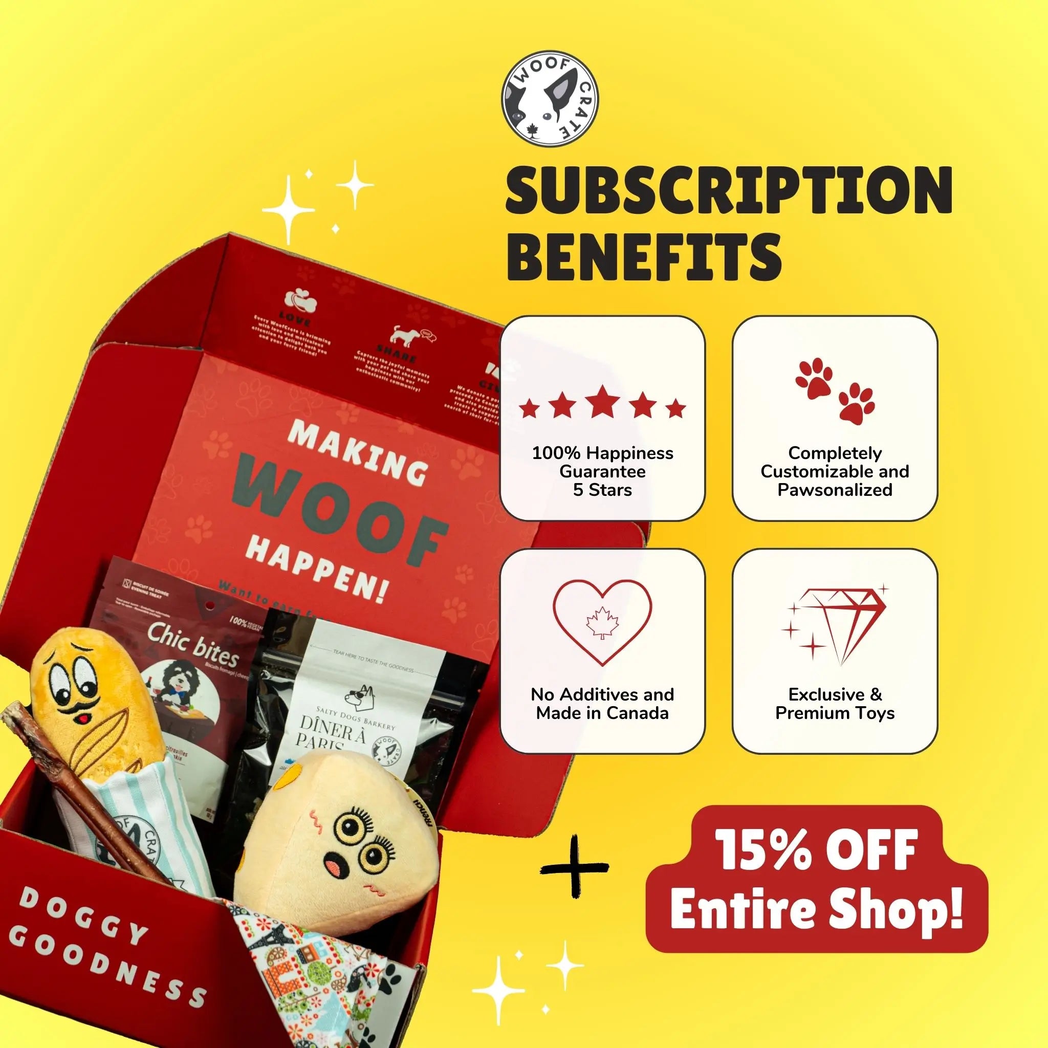 Open dog box with toys, treats, and bandana under “Making WOOF Happen!” lid, with 15% off and subscription benefits labels
