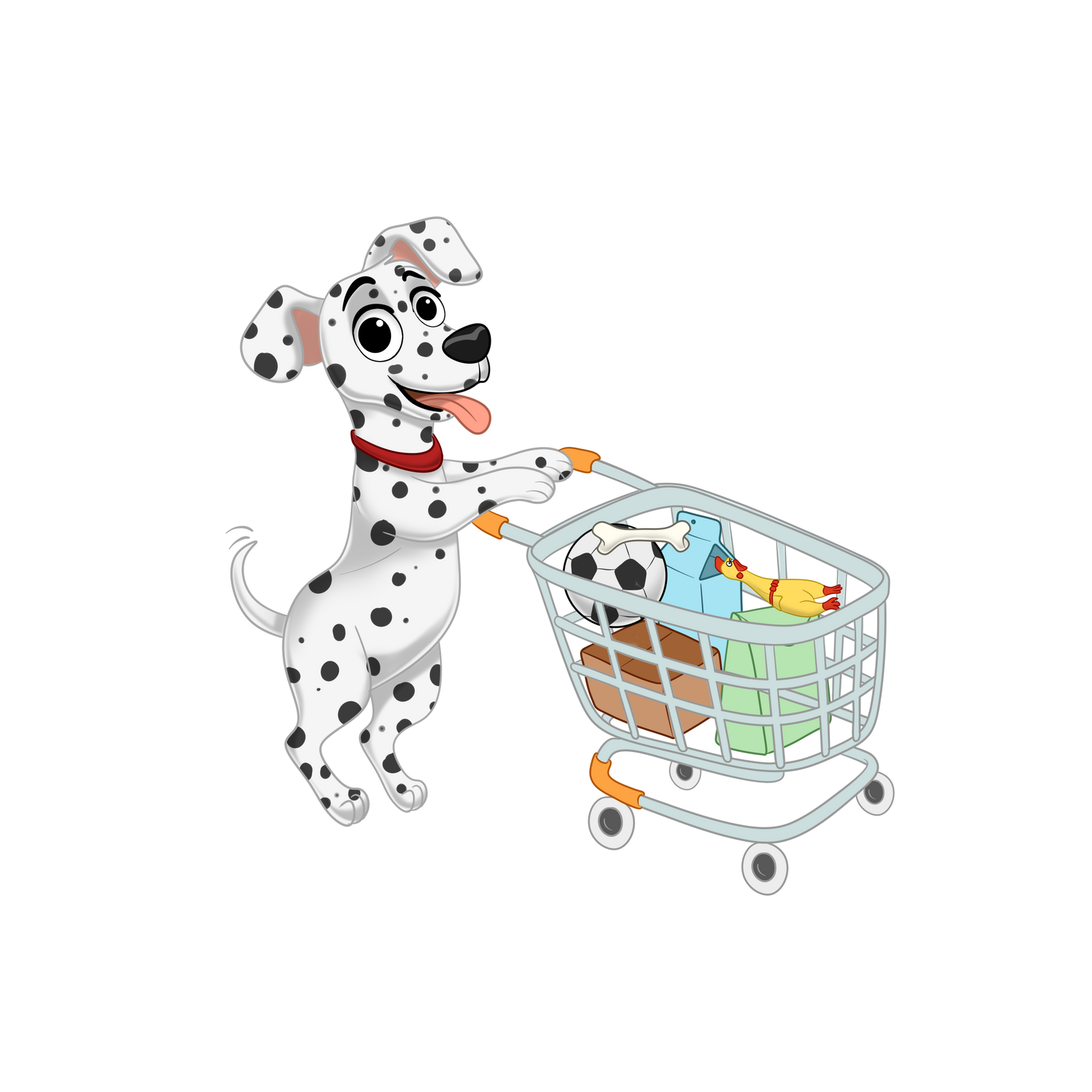 Dalmatian puppy pushing along a shopping cart