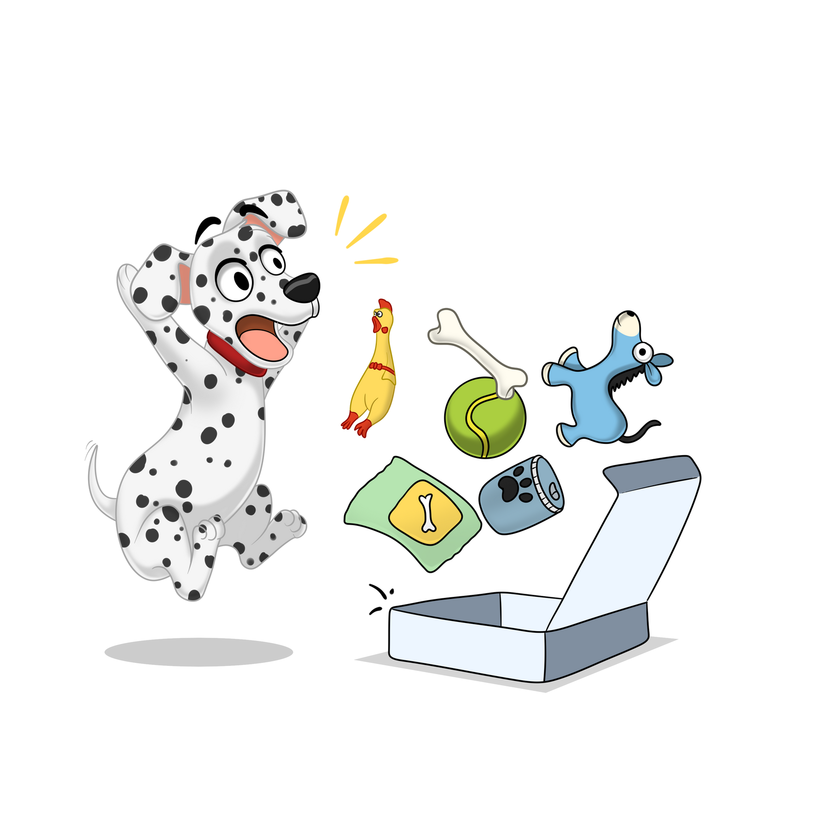 dalmatian puppy incredibly excited about opening their woofcrate dog subscription box. Toys flying out. 