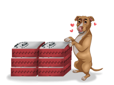 Red nose Pitbull standing next to 6 WoofCrate dog subscription boxes with hearts floating around him