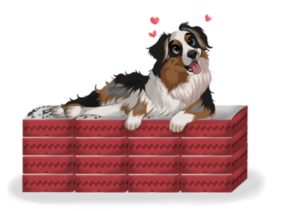 Australian Shepherd dog laying on top of a mountain of 12 WoofCrate dog subscription boxes with hearts floating around their head.