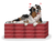 Australian Shepherd dog laying on top of a mountain of 12 WoofCrate dog subscription boxes with hearts floating around their head.