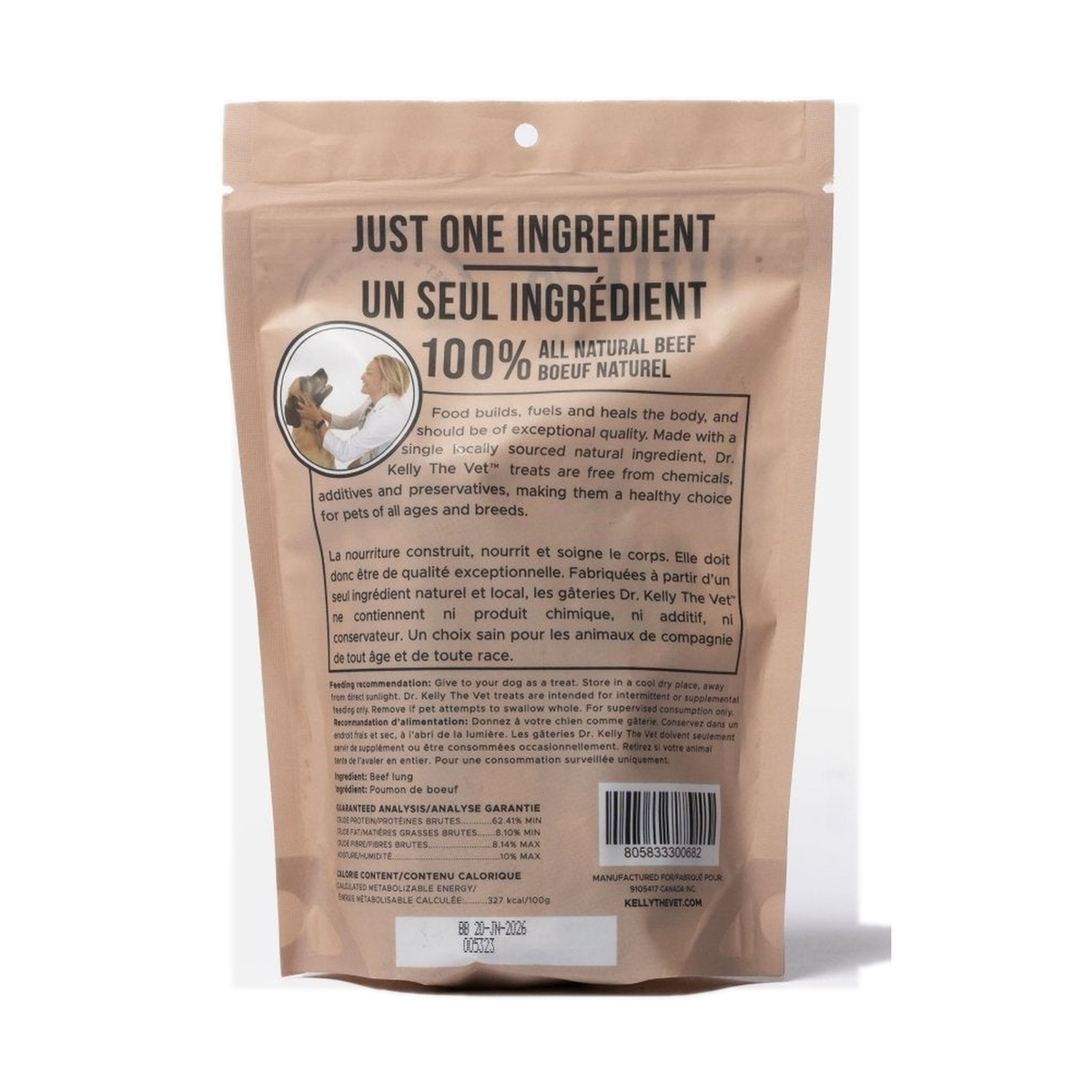Back of Dr. Kelly Beef Lung treats bag with ingredient and guaranteed analysis panel, on a white background