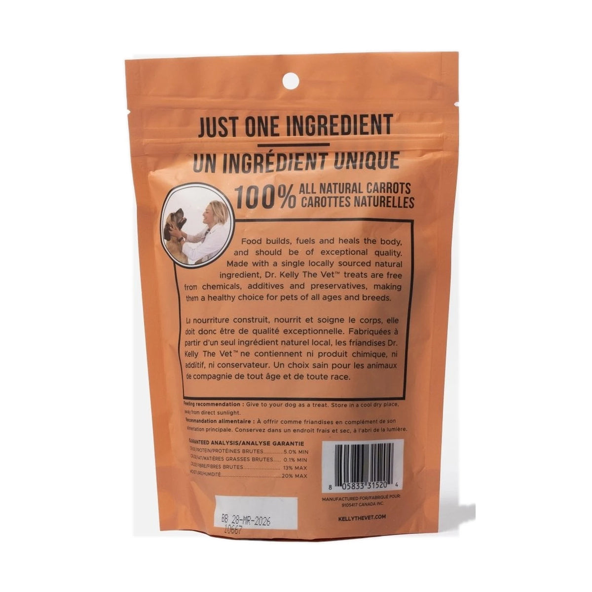 Back of Dr. Kelly Carrot treats bag with ingredient and guaranteed analysis panel, on a white background