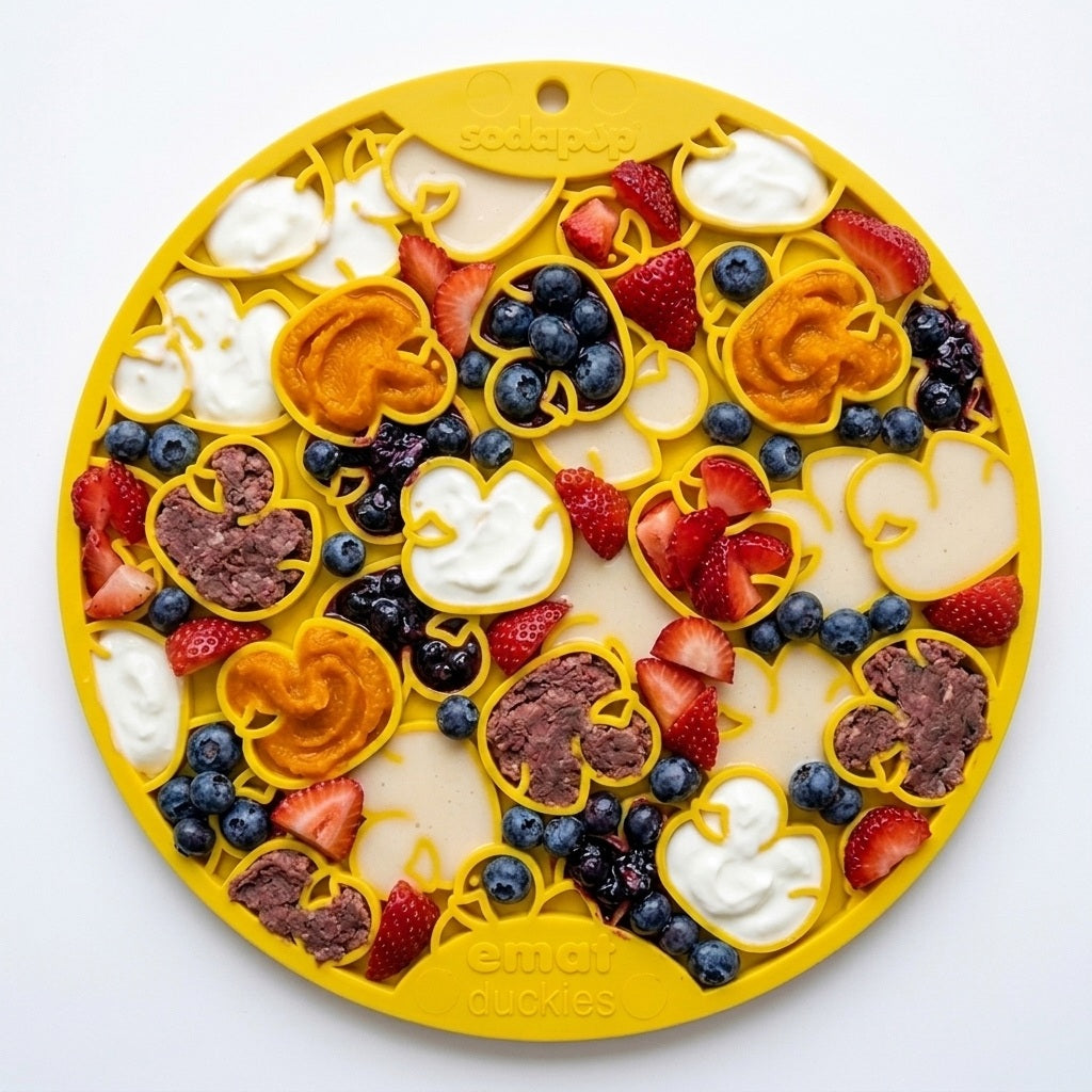Yellow Rubber Duckies lick mat topped with fruit and treats