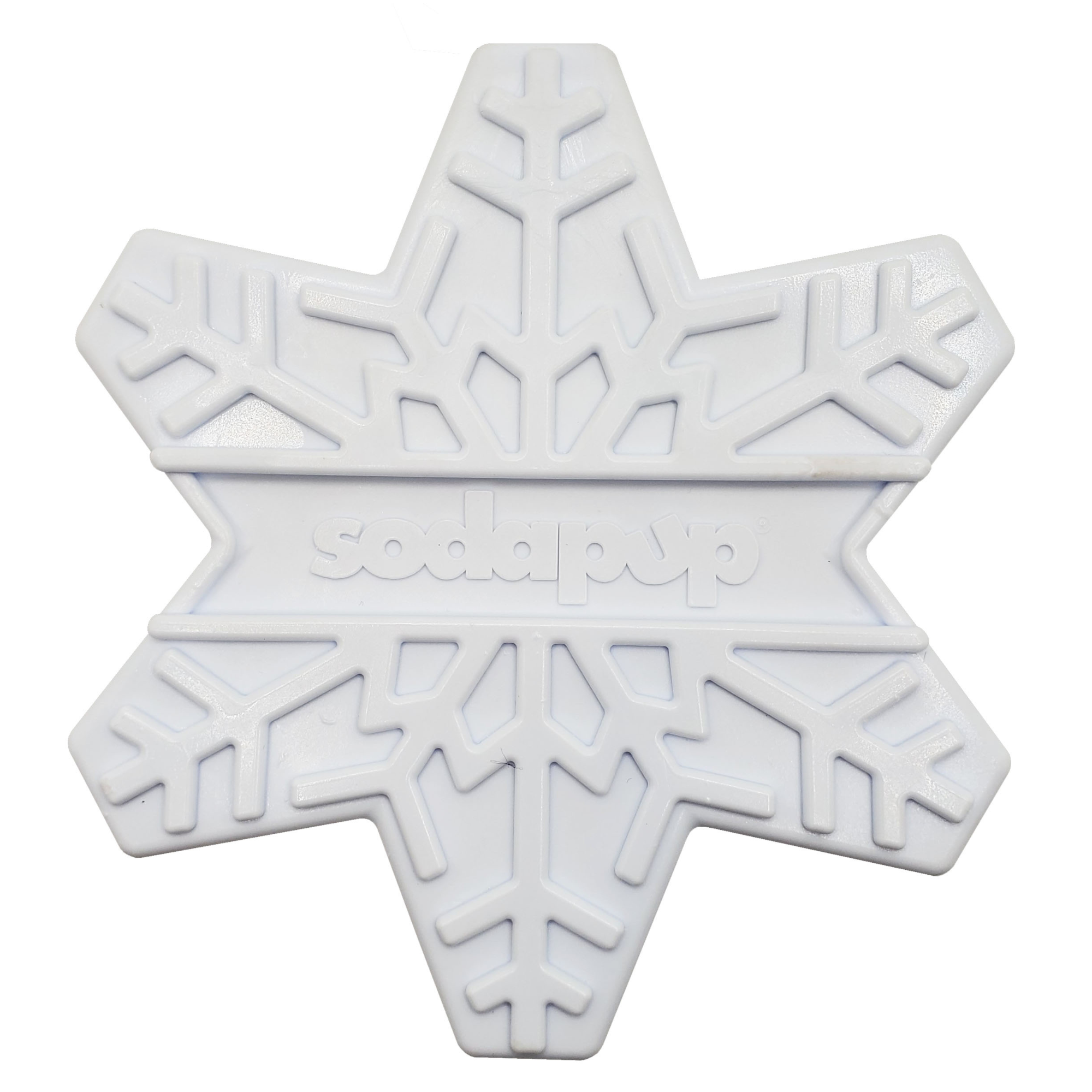 White snowflake-shaped dog toy with raised branching patterns and SodaPup logo molded across the center