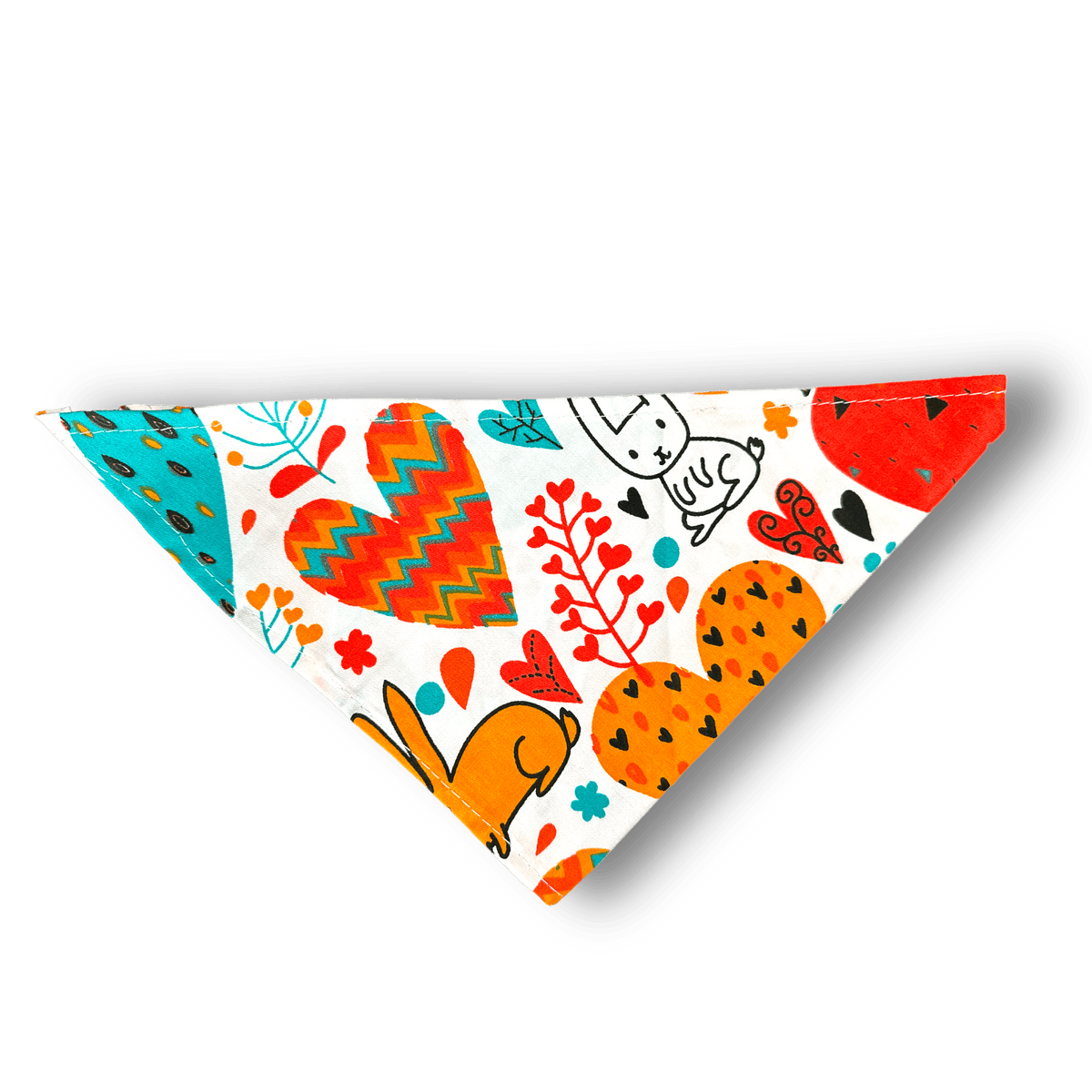 Easter themed dog bandana with colorful easter designs including bunny&#39;s, hearts and blue, orange and red colors.