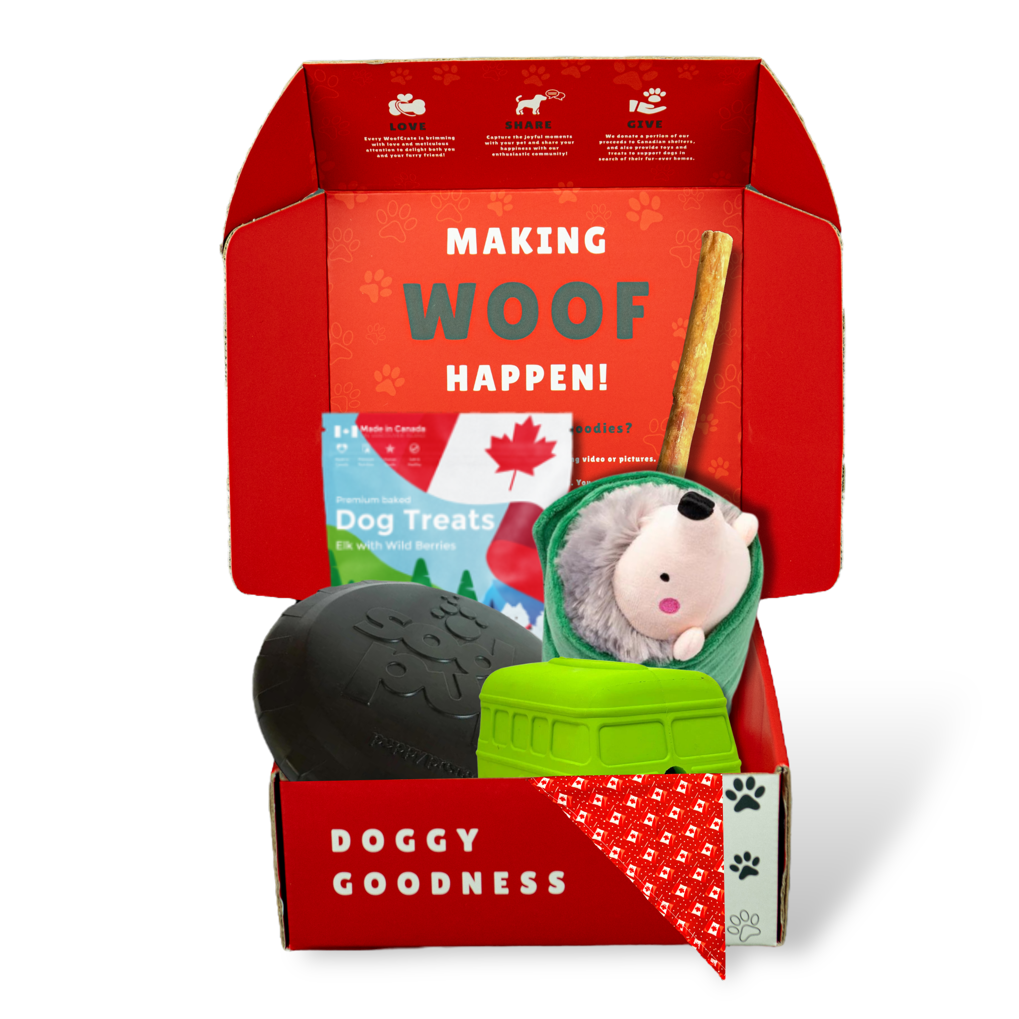 Open red dog box with treat bag, chew stick, hedgehog toy, black and green toys, and bandana under “Making WOOF Happen!” lid