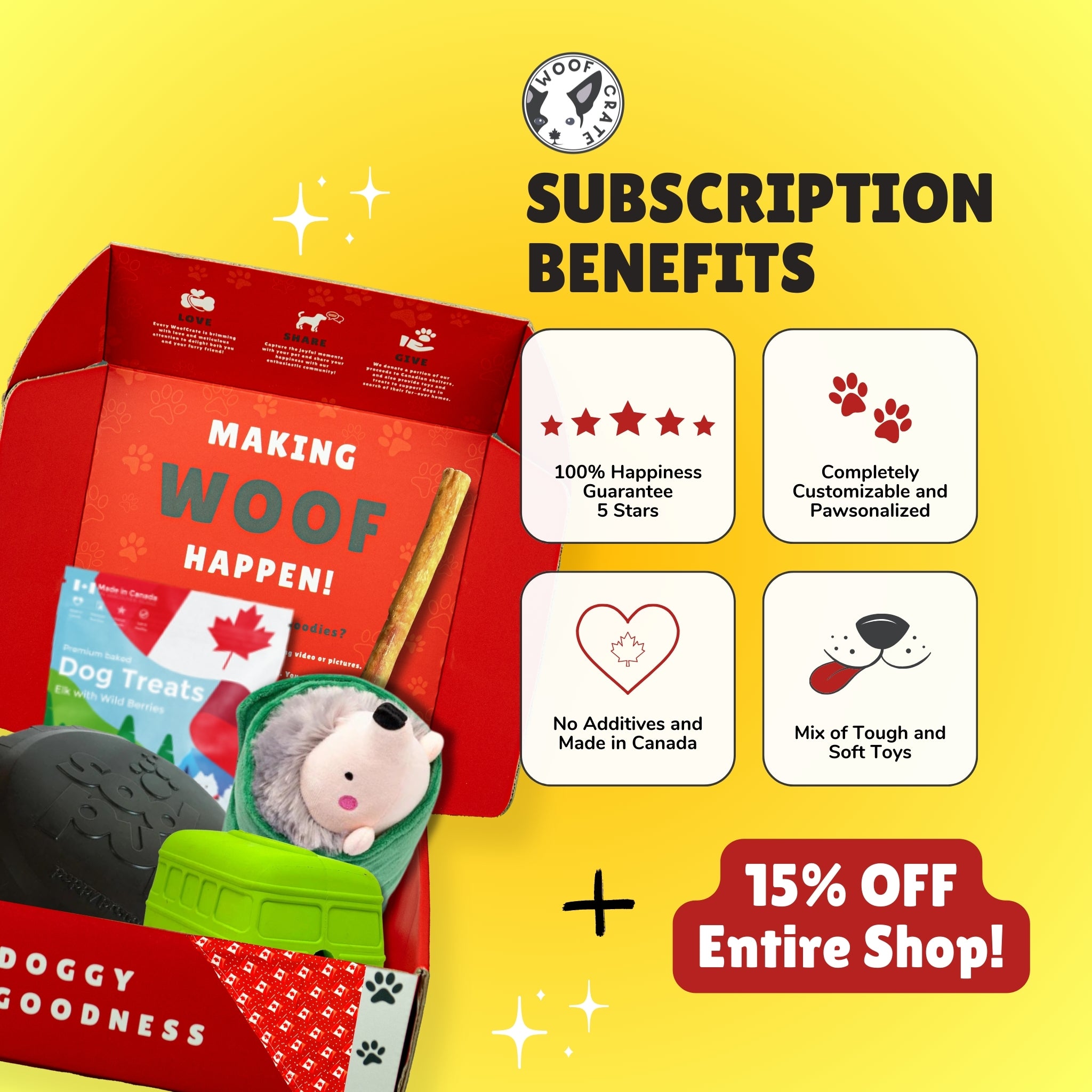 Open dog box with toys and treats, and bandana under “Making WOOF Happen!” lid, with 15% off and subscription benefits labels