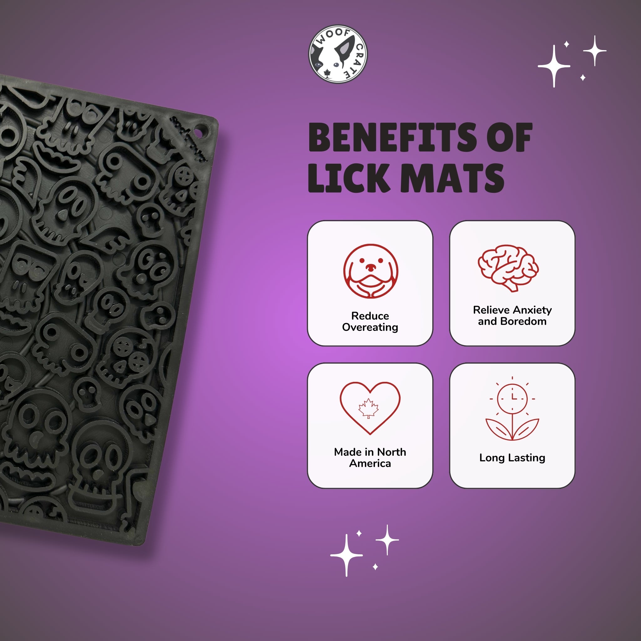 Benefits of lick mats shown alongside a black skull-patterned design