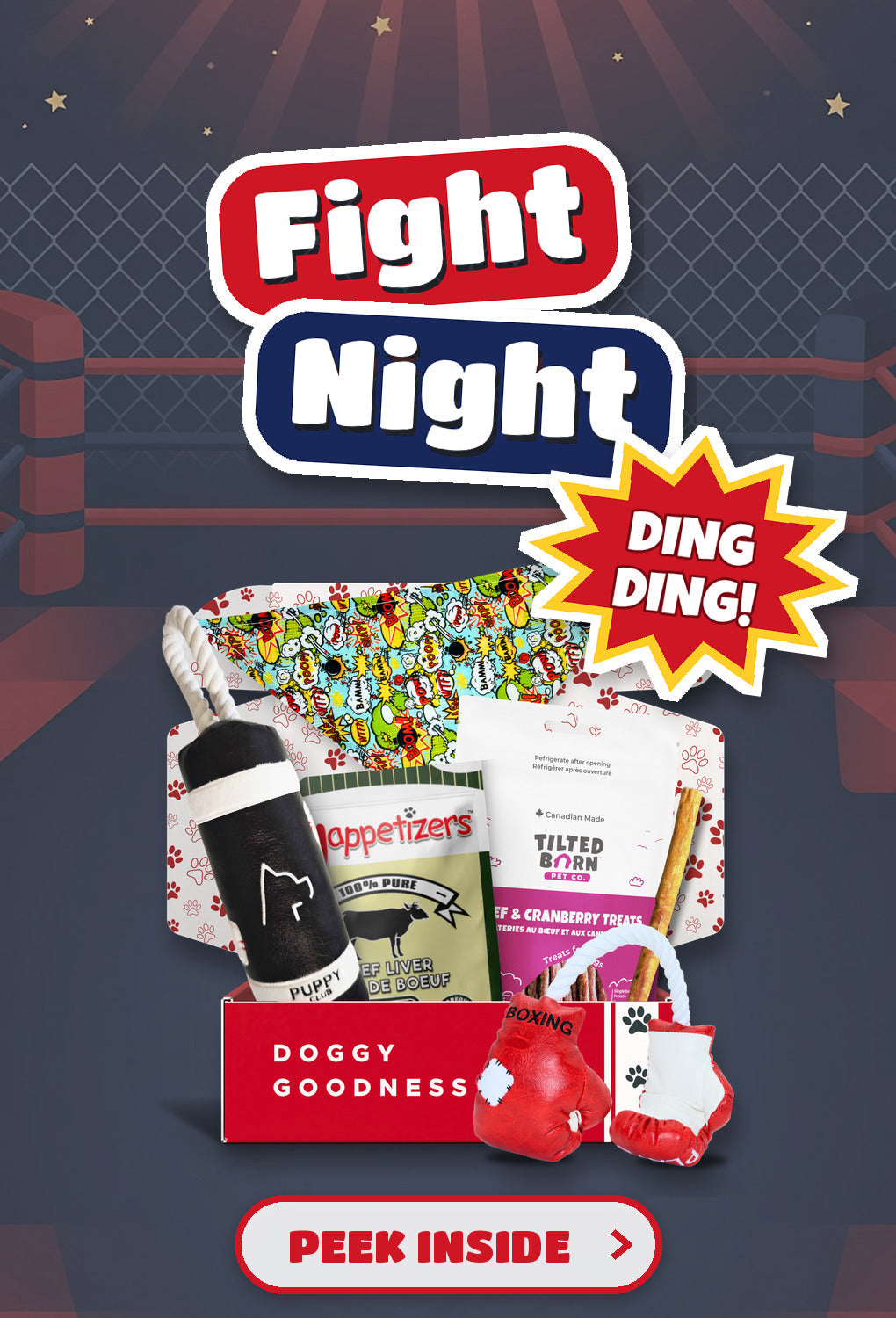 Fight Night boxing themed WoofCrate dog box with toys and treats, Peek Inside