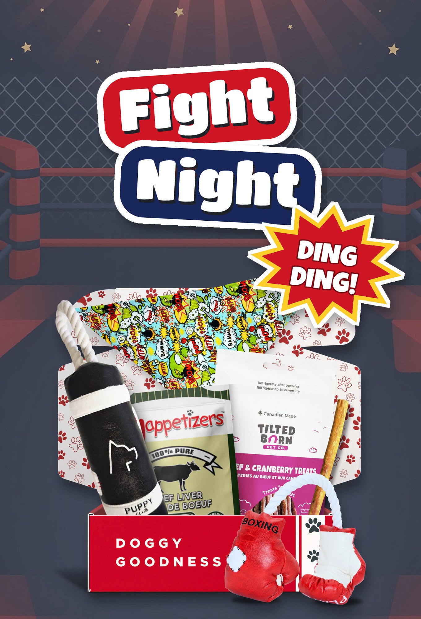 Fight Night boxing themed WoofCrate dog box with toys and treats