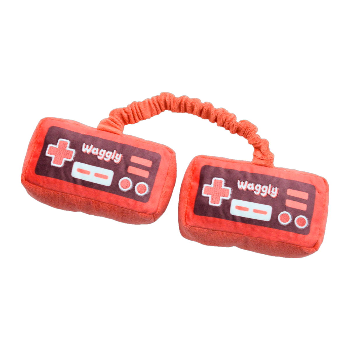 Waggly Game On Controller Tug plush dog toy, two red retro game controllers joined by an elastic tug